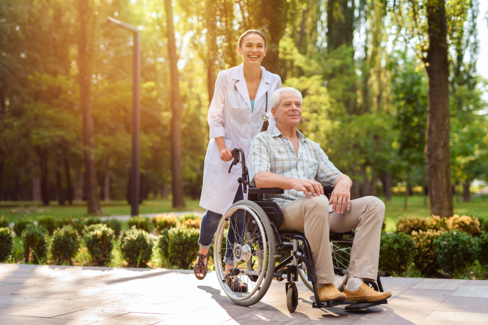 doctor-with-old-man-wheelchair-walking-sunny-park